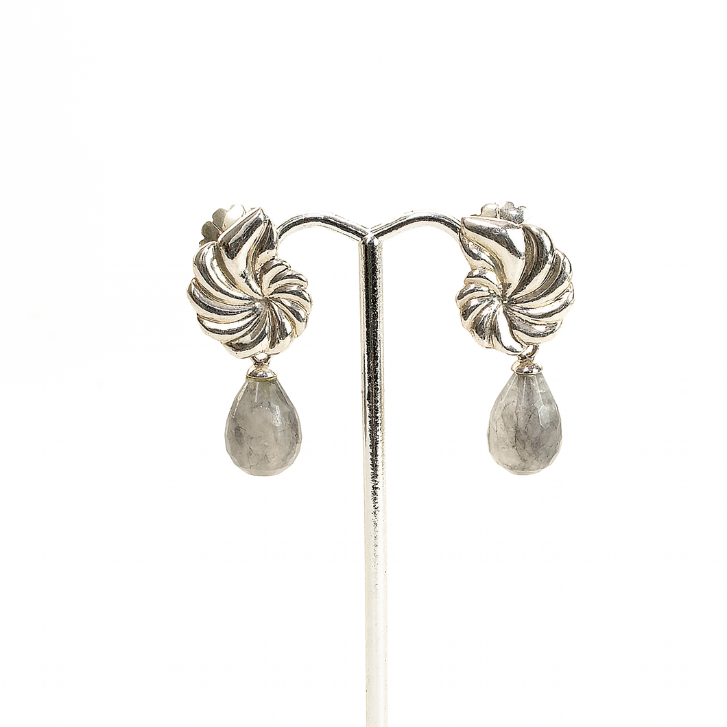 Arete Rehilete Plano Cuarzo Gris gota facetada, plata 950
