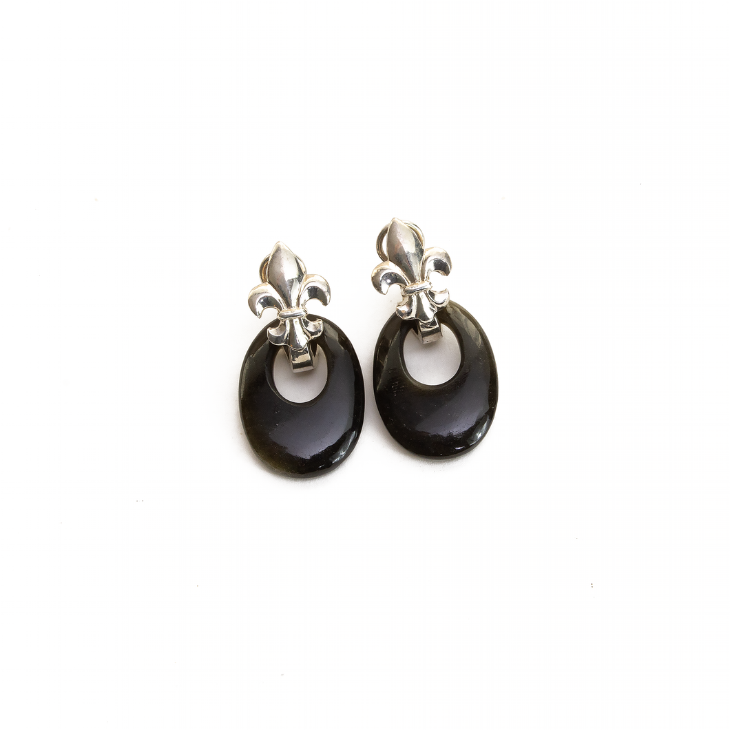 Arete Flor de lis Obsidiana Dorada, plata 950