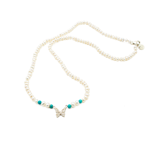 Collar Mariposa Perla Menuda con Turquesa Plata 950