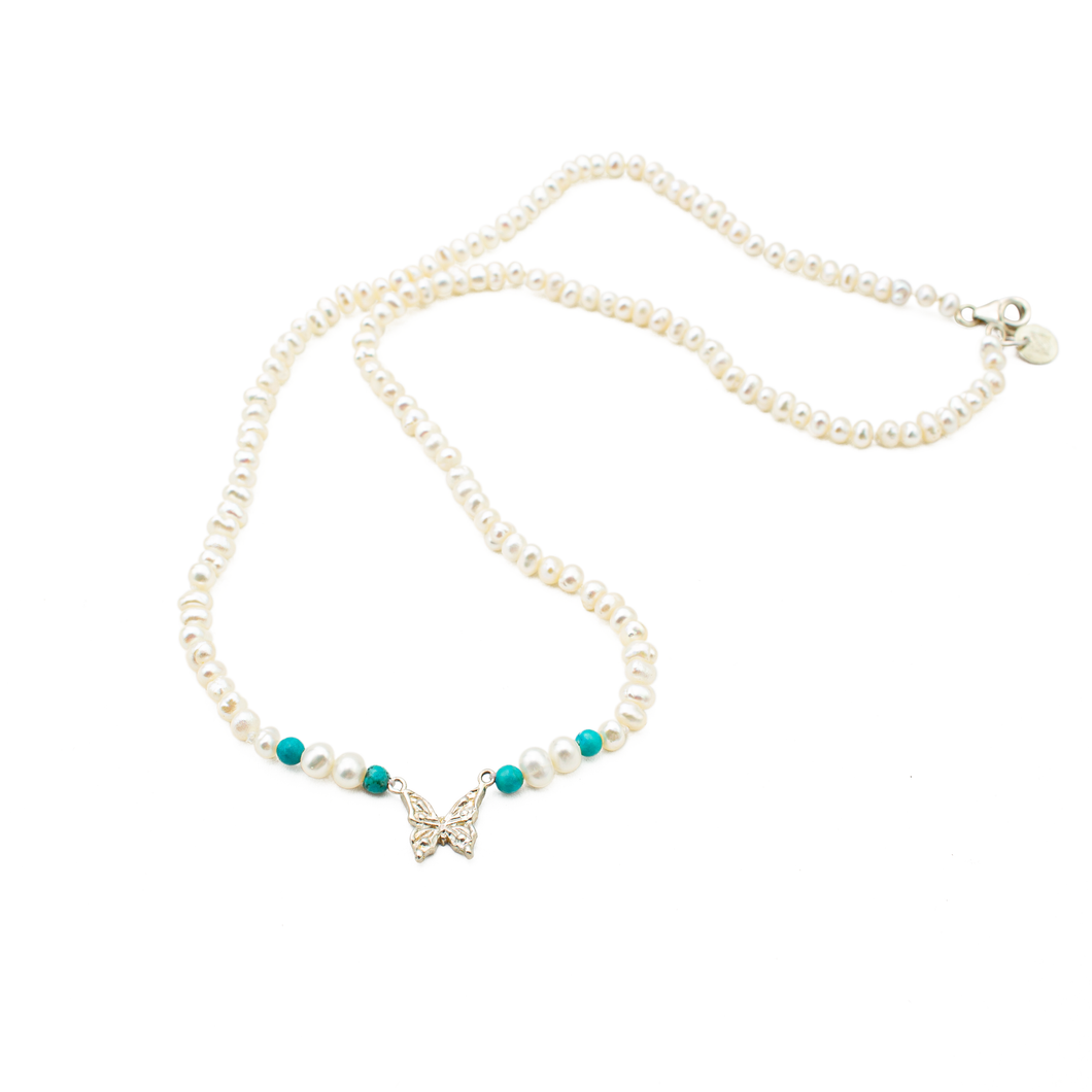 Collar Mariposa Perla Menuda con Turquesa Plata 950