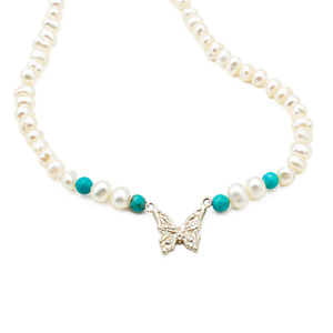 Collar Mariposa Perla Menuda con Turquesa Plata 950
